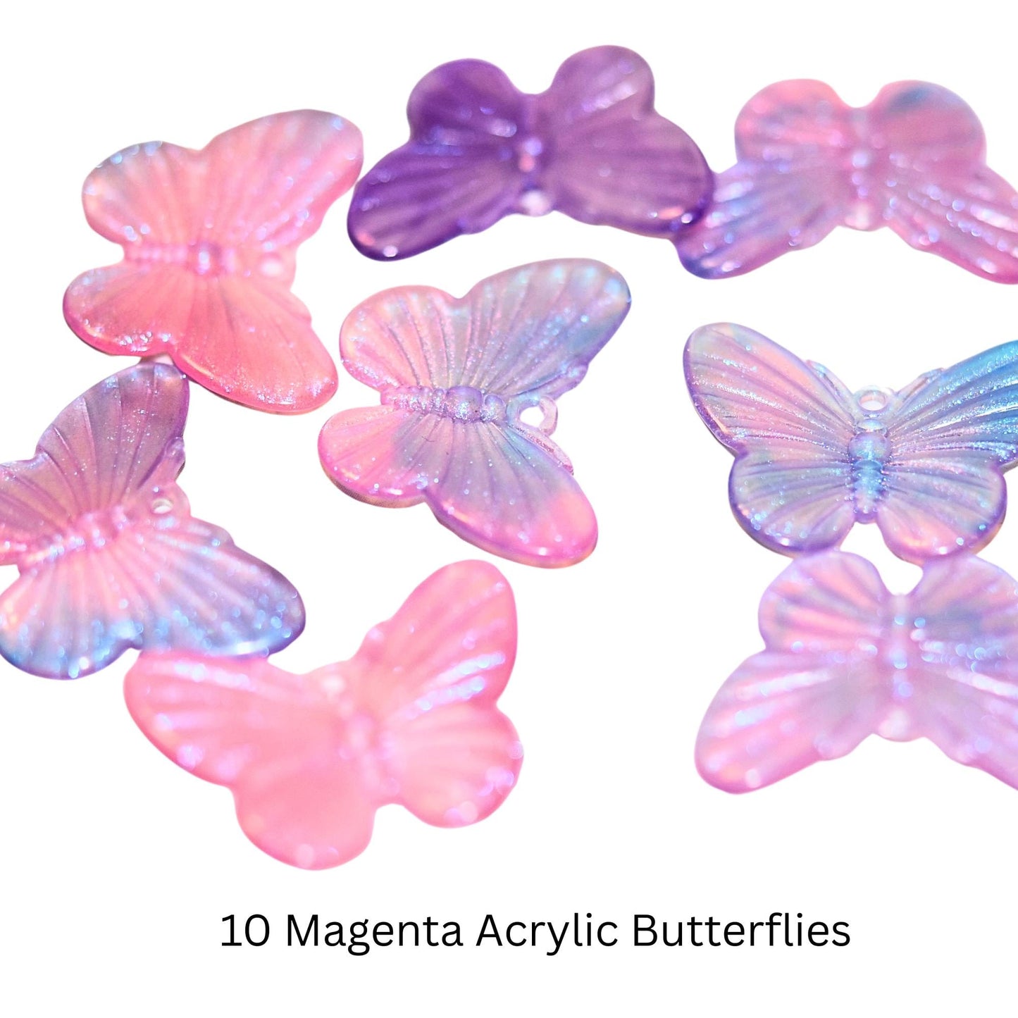 10 Acrylic butterflies, pink butterflies, yellow butterflies, magenta butterflies. craft butterflies, hair butterflies, butterfly pendants