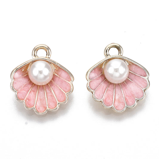 pink shell with imitation pearl, shell charm, shell pendant, jewelry shell charm, child shell charm