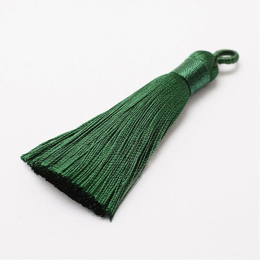 2 Dark Green Ice Silk Tassels, Dark Green Polyester Ice Silk Tassel, Dark Green Tassels 60-67mm, Green polyester tassels.