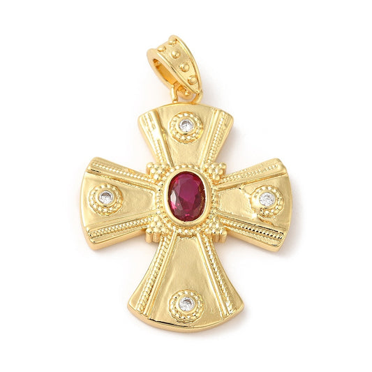 18K gold plate cross with red violet center